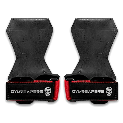 Gymreapers Weight Lifting Grips (Pair) for Heavy Powerlifting, Deadlifts, Rows, Pull Ups, with Neoprene Padded Wrist Wraps Support and Strong Rubber Gloves or Straps for Bodybuilding - color: Red, size: Large