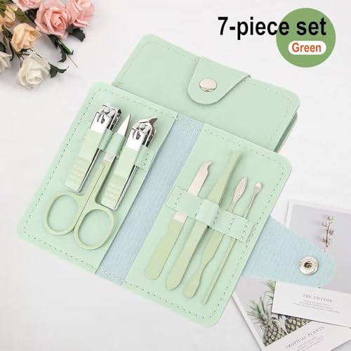 7 -Piece Manicure & Pedicure Kit with Portable PU Leather Case, Stainless Steel Nail Care Tools Set for Home & Travel (Pink/Purple/Green Options) - color: Green