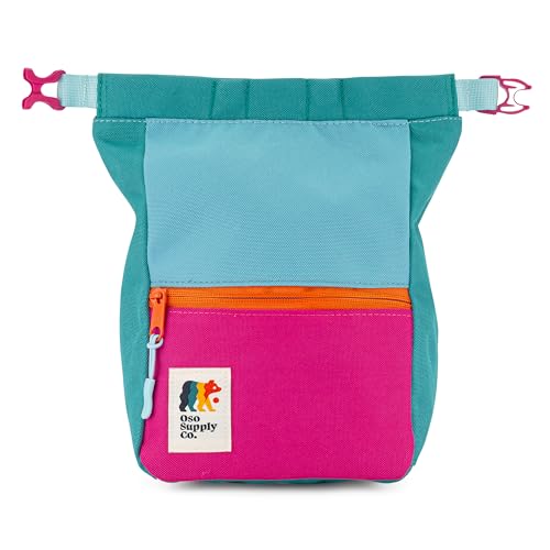 Crux Bouldering Chalk Bucket, Large Size Chalk Bag for Rock Climbing, Chalk Pot with Magnetic Closure, Zippered Pockets and Mesh Pouch for Climbers, Weightlifting, Gymnastics - color: Teal & Magenta