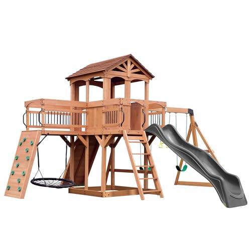 Backyard Discovery Sterling Point Cedar Wood Swing Set with Wave Slide, Raised Clubhouse, Wooden Bridge, Rock Wall, Belt Swings, Web Swing, Trapeze, Balcony, Climbing Wall, Ladder, Outdoor Playset - color: Grey Slide, style: Cedar