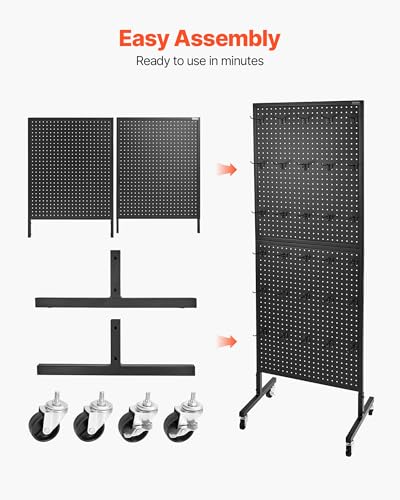VEVOR Standing Pegboard Display, 23.6 x 63 in Pegboard Display Stand with Swivel Casters and 30 Hooks, Thickened Cold-Rolled Steel Peg Board Panel for Grocery, Retail Store and Jewelry Shop, Black - style: Standard Style