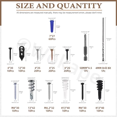 192Pcs Self Drilling Drywall Anchor Assortment Set Plastic Metal Wall Anchors and Screws Kit for Cement Walls, Hollow Walls, Wood Walls and Brick Wall