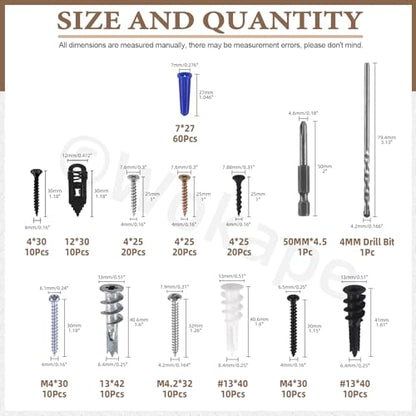 192Pcs Self Drilling Drywall Anchor Assortment Set Plastic Metal Wall Anchors and Screws Kit for Cement Walls, Hollow Walls, Wood Walls and Brick Wall