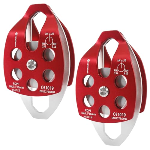 NewDoar 30 KN CE Certified Large Rescue Pulley Single/Double Sheave with Swing Plate - color: Double Pulley - Red 2pcs