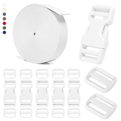 BEYOURD Buckle and Strap Set, 10 Yards Polyester Webbing Strap with 6 Dual Adjustable Side Release Plastic Buckles, 12 Pieces Tri-Glide Slider Clips for Custom Projects (Everyday Series 1 Inch, White) - color: White