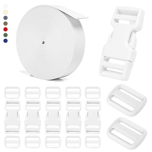 BEYOURD Buckle and Strap Set, 10 Yards Polyester Webbing Strap with 6 Dual Adjustable Side Release Plastic Buckles, 12 Pieces Tri-Glide Slider Clips for Custom Projects (Everyday Series 1 Inch, White) - color: White
