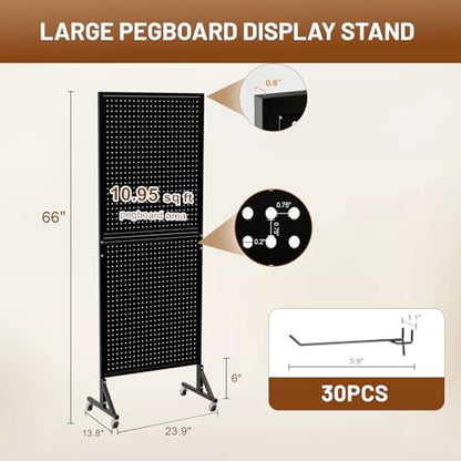 2 x 5.5 FT Metal Pegboard Display Stand with Wheel & Leveling Feet | Peg Board Panels Display Rack with 30 Hooks for Retail Store, Craft Show, Garage, Jewelry Organizer, Black - color: Black