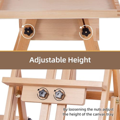 Horizontal Beechwood Studio Easel with Drawer and Palettes, Natural | H-Frame Solid Wooden Painting Easel for Students, Beginners, and Artists, Hold Canvas to 50Inches High - style: Horizontal Natural