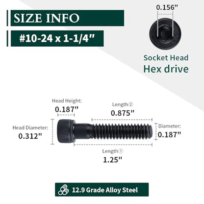 #10-24 x 1-1/4" Socket Head Cap Screws Bolts, 12.9 Grade Alloy Steel, Black Oxide Finish, Allen Hex Drive, Partial Thread, 50-Pack - size: #10-24 x 1-1/4"