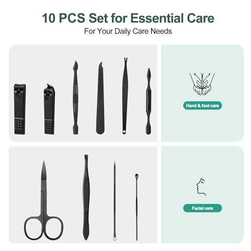 10Pcs Manicure Kit, Manicure Set Nail Clippers Kit Professional Stainless Steel Nail Care Tools with Leather Travel Case, Travel Nail Care Set for Men and Women