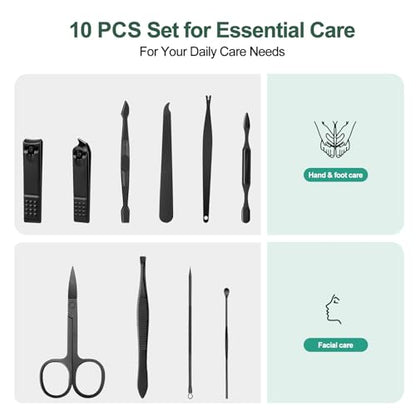 10Pcs Manicure Kit, Manicure Set Nail Clippers Kit Professional Stainless Steel Nail Care Tools with Leather Travel Case, Travel Nail Care Set for Men and Women