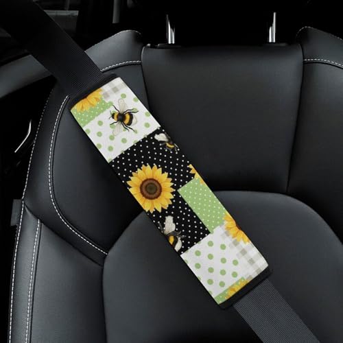 2PCS Sunflower Bee Plaid Seat Belt Cover Soft Padded Neck Strap Covers for Kids, All Vehicles, Comfortable Driving - color: Pattern 1136