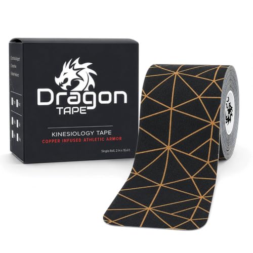 Dragon Tape Copper Infused Kinesiology Tape, Black, Single Roll | 20 Precut Strips per Roll, Water Resistant, Elastic Athletic Tape, Muscle Strain & Joint Support, Weightlifting & Recovery - color: Black, size: Single Roll