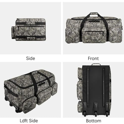 120L 3 Wheel Tactical Rolling Duffle Bag, Heavy Duty Military Deployment Luggage, 900D Waterproof Duffel for Camping Travel Outdoor Sports - color: Camo Brown