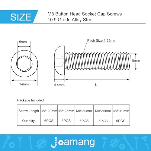 M8 x 20mm 25mm 30mm 35mm 40mm Button Head Socket Cap Screws Bolts, 10.9 Grade Alloy Steel, Black Oxide Finish, Metric Allen Hex Drive, Fully Threaded, Assortment Kit 30Pcs - size: Button M8x20-40 mm