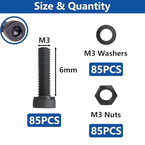 285PCS M3 x 6mm Screws with Nuts and Washers, Hex Socket Head Cap Screws 12.9 Grade Alloy Steel M3 Bolts with Hex Wrench - size: M3 x 6mm, style: Socket Head