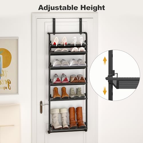 BUKFEN 6 Tier Adjustable Heavy Duty Metal Shoe Rack, Door Hanging and Wall Mount Organizer for Closet, Bedroom, Entryway, Laundry, Apartment, Small Spaces, Space Saving Solution for Busy Homes