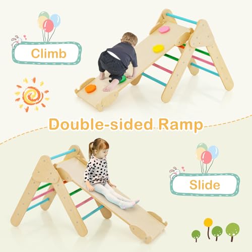 Costzon Climbing Toys for Toddlers, Foldable Montessori Wooden Arch Climber Ladder with Sliding Ramp, Multi-Combination Methods, Rainbow Kids Triangle Climber Play Gym Set for Boys Girls Gift Present - style: 5 in 1 Arch Climber Ladder, Rainbow