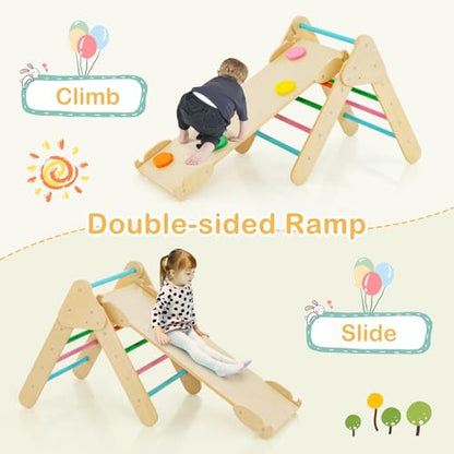 Costzon Climbing Toys for Toddlers, Foldable Montessori Wooden Arch Climber Ladder with Sliding Ramp, Multi-Combination Methods, Rainbow Kids Triangle Climber Play Gym Set for Boys Girls Gift Present - style: 5 in 1 Arch Climber Ladder, Rainbow