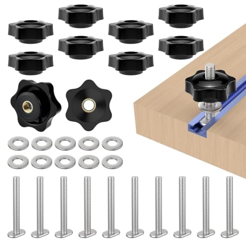 10 Sets 1/4"-20 T-Slot Fastener Kit, 1-1/4 Inch T Track Bolts with Star Knob Nuts | Heavy Duty Accessories | for Woodworking Fixture Installation - size: 1-1/4 Inch