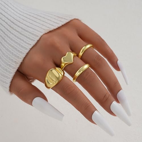 YEEZII Chunky Gold Rings for Women Non Tarnish, 18K Gold Plated Stackable Thumb Ring, Statement Women Rings Set - color: Gold-D