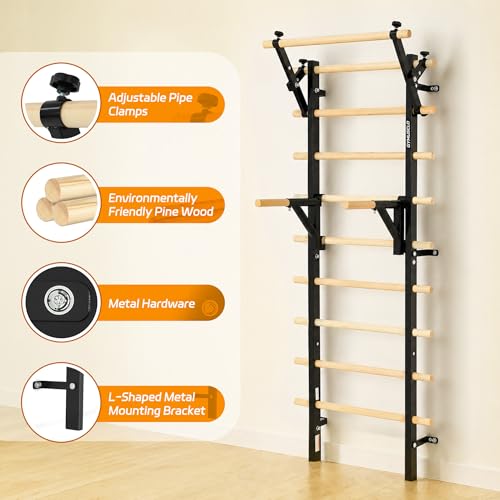 Wood Swedish Ladder Stall Bars with Adjustable Double Support Arms, Wooden Gymnastics Wall Climbing Bars for Home Gym, Exercise Rehabilitation, Hanging Pull Up & Core Balance Training Station