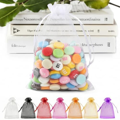 ANZNKU 50PCS Organza Bags 5 x 7, White Small Gift Mesh Bags Drawstring Bulk | Sheer Goodie Pouches for Wedding Candy Party Favors Baby Bridal Shower&Halloween, Jewelry Treats Sachet Soap Makeup Gift Wrap - color: White