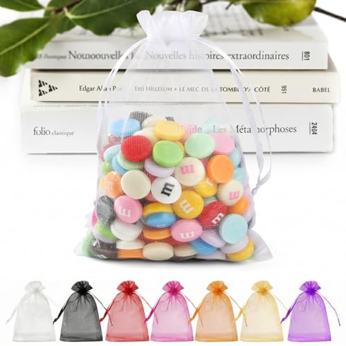 ANZNKU 50PCS Organza Bags 5 x 7, White Small Gift Mesh Bags Drawstring Bulk | Sheer Goodie Pouches for Wedding Candy Party Favors Baby Bridal Shower&Halloween, Jewelry Treats Sachet Soap Makeup Gift Wrap - color: White