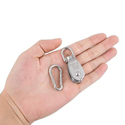 10x 304 Stainless Steel M15 Single Swivel Rope Pulley Blocks w/Snap Hooks | 360° anti-twist swivel pulley. For lifting, towing & hanging wire rope on crane/outdoor. Has spring snap hooks for fast fit - size: M15-10pcs