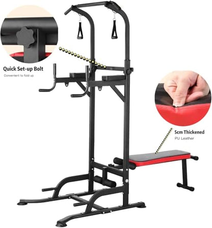 Arlopu Multi-Function Power Tower with Folding Bench 4 Training Ropes | Pull Up Bar Stand with Adjustable Heights and Angles, Heavy-duty Frame, 400LBS Capacity, Home Gym Full-body Strength Training