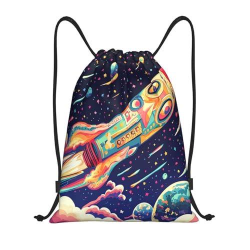 Drawstring Sports Backpacks - Lightweight Swim Gym Bags for Women Men String Sackpack for Beach Travel Yoga(Medium, Cartoon Rocket Space) - color: Cartoon Rocket Space, size: Medium