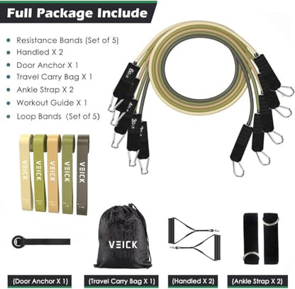 VEICK 10-150LBS Resistance Bands with Handles, Ankle Straps, Door Anchor | Accredited Lab Certified, 100% Natural Latex, Versatile for Yoga, Pilates, Strength, Home Gym - color: Army Green, style: 10-150LBS + 5 Loop Bands