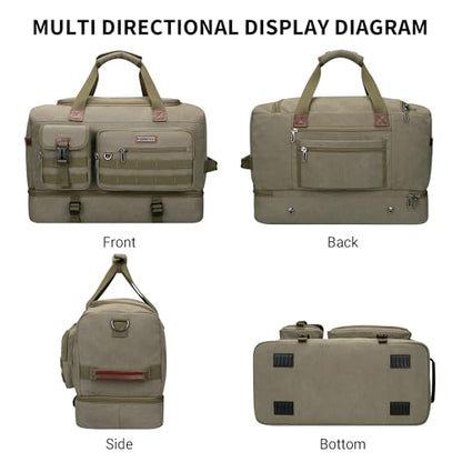 WITZMAN Duffle Bag for Men 50L Travel Canvas Weekender with Toiletry Bag | With Shoe Compartment and Dry-wet Pocket, Convertible, Carry On, One Duffel for Gym, Sports, Overnight, A8010/2 Army Green - color: Army Green