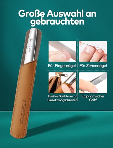 MR.GREEN Professional Double Sided Stainless Steel Nail File with Non-Slip Handle and Leather Case, Pointed Nail Buffering Files Washable - size: MR-2111