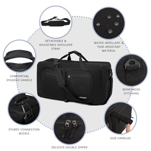 65L Foldable Duffle Bag with Shoe Compartment - Large Travel Duffel Bag for Men & Women, Packable Weekend Bag with Trolley Sleeve, Water-Resistant & Lightweight Gym Bag for Travel, Sports (Black) - color: Black