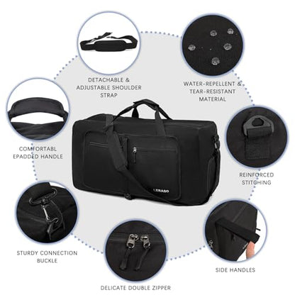 65L Foldable Duffle Bag with Shoe Compartment - Large Travel Duffel Bag for Men & Women, Packable Weekend Bag with Trolley Sleeve, Water-Resistant & Lightweight Gym Bag for Travel, Sports (Black) - color: Black