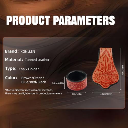 KONLLEN Leather Magnetic Chalk Holder, Pool Cue Accessory | Round or square engraved leather holder keeps billiard chalk secure and easy to reach during pool play. - color: VT Holder-Red-round