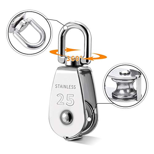 TooTaci 2pcs M25 Crane Pulley Block, Heavy Duty Pulley System for Lifting, 304 Stainless Steel Swivel Hook Single Pulley Wheel with 20M(6mm) Nylon Rope & 2pcs Spring Snap Hook | Heavy Duty Swivel Hook Single Pulley Wheel with 20M(6mm) Nylon Rope & 2pcs Sp