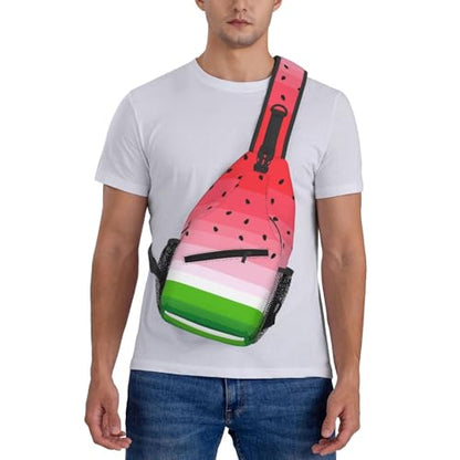 Cute Cartoon Watermelon Crossbody Sling Bags for Women Men Watermelon Background with Black Seeds Travel Sling Backpack Casual Shoulder Bag Tropical Summer Fruit Gym Sports Hiking Daypack - color: Red Pink Green