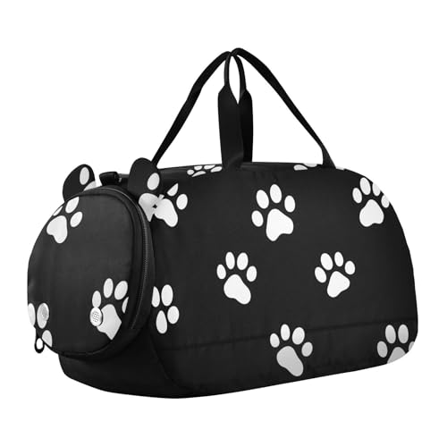 Kids Sports Duffel Bag for Boys & Girls - White Dog Paw Prints 100% Polyester Gym Bag with Separate Shoe Compartment, Adjustable Shoulder Strap, Compact Travel & Workout Gear Bag - color: White Dog Paw Prints