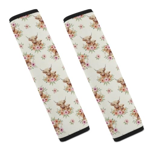 Universal Fit Seat Belt Shoulder Pad for Adult Use, Most Cars, 2 Pack Highland Cow Boho Floral Harness Pads Strap Pressure Relief - color: Pattern 1091