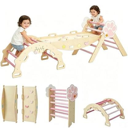 Pikler Triangle Set with Safe Handle, 7-in-1 Montessori Climbing Set for Toddlers, Wooden Pickler Climbing Set, Collapsible Climbing Triangle Climbing Set, Baby Jungle Gym & Playground, for 1-3 Year - color: Pink