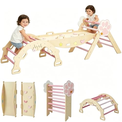 Pikler Triangle Set with Safe Handle, 7-in-1 Montessori Climbing Set for Toddlers, Wooden Pickler Climbing Set, Collapsible Climbing Triangle Climbing Set, Baby Jungle Gym & Playground, for 1-3 Year - color: Pink