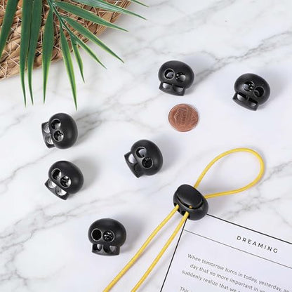 Jeffdad 50pcs Black Spring Cord Locks for Drawstrings, Plastic Cord Lock Double Hole Round Ball Drawstring Cords Lock for Drawstring Shoelaces Clothing Bags
