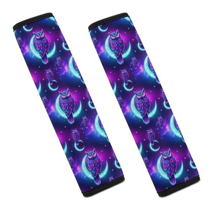 Universal Fit Seat Belt Cover for Adult Use, Stroller Pushchair High Chair, 2PCS Purple Owl On Crescent Moon Harness Pads Strap Shock Absorption - color: Pattern 32