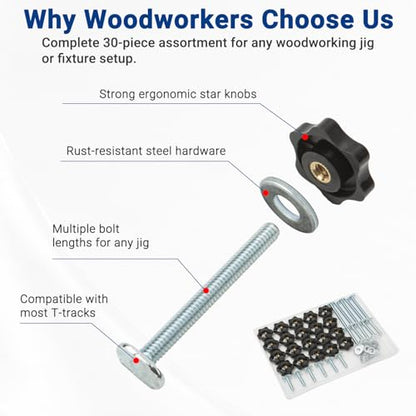20 Sets T-Track Knob Kit, 1/4"-20 T Bolts (1", 1-1/2", 2-1/2") with Star Knobs & Washers, Assorted T Slot Bolts for Woodworking Jigs, Clamps & Fixture Building