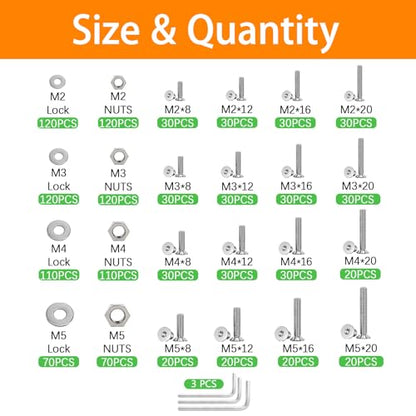 1273Pcs 410 Stainless Steel M2 M3 M4 M5 Screw Kit - 3D Printer Mini Screw, Allen Head/Flat Head/Countersunk Bolt/Screws, Metric Bolts Assortment, Silver Nuts and Bolts for Mechanical Hardware - size: M2/3/4/5-1273Pcs