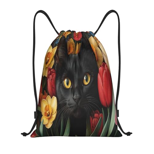 Drawstring Sports Backpacks - Lightweight Swim Gym Bags for Women Men String Sackpack for Beach Travel Yoga(Medium, Black Cat Tulip) - color: Black Cat Tulip, size: Medium