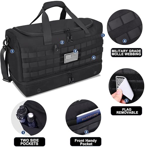 MOZETO Black Duffle Bag for Men, 45L Carry On 22x14x9 Travel Duffle with Shoe Compartment Tactical Inspired Heavy Duty GYM Overnight Bag Wet-Dry Separated Compartment