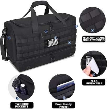 MOZETO Black Duffle Bag for Men, 45L Carry On 22x14x9 Travel Duffle with Shoe Compartment Tactical Inspired Heavy Duty GYM Overnight Bag Wet-Dry Separated Compartment